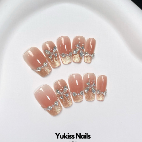 Elegant Coral Diamond Wedding Square Press On Nails