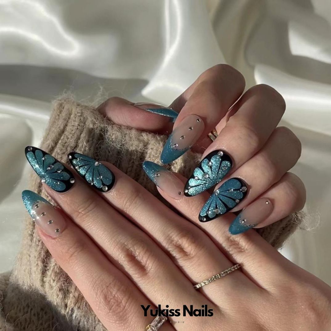 Dynamic Blue Butterfly Dream Wearable Nail Wraps Sustainable Handmade Nail