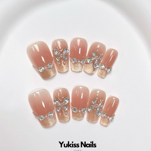 Elegant Coral Diamond Wedding  Square Press On Nails