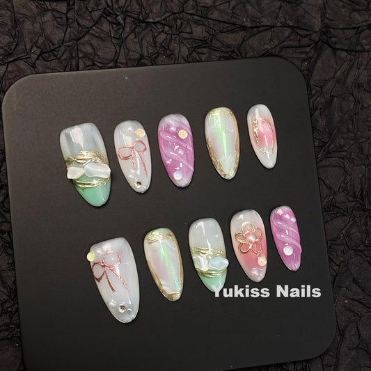 3D Bow & Pearl Opal Nails