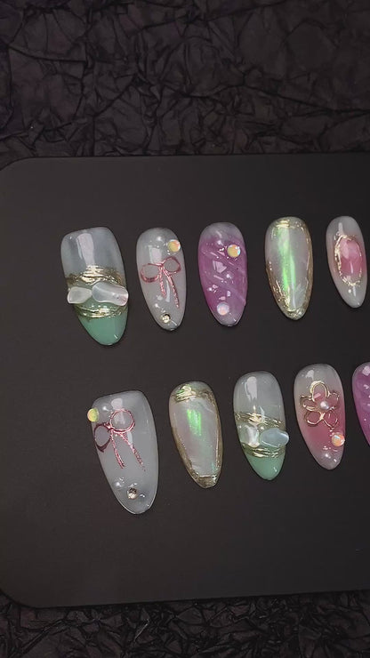 3D Bow & Pearl Opal Nails